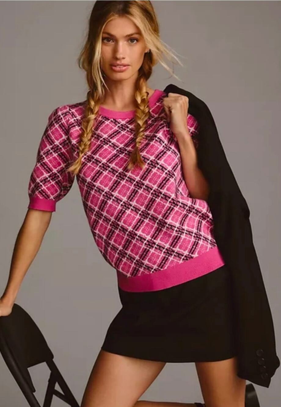 Maeve x Anthropologie Harmon Jacquard Sweater Tee Pink Plaid. Size S. Ret. $98